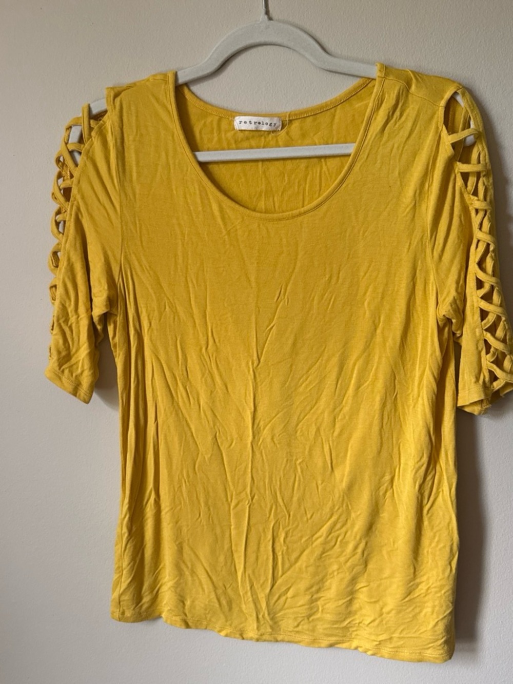 Retrolyfe Women's Mustard Yellow Short Sleeve Lattice-Detail Tee